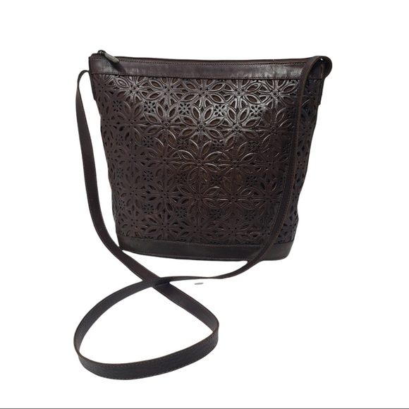 Unisa Brown Leather Purse Laser Cut Floral Pattern Zipper Close. - Picture 2 of 10